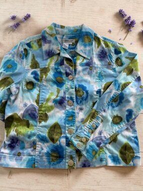 Coldwater Creek Womens PL Floral Button Jacket Blue Green Cotton‎ Blend